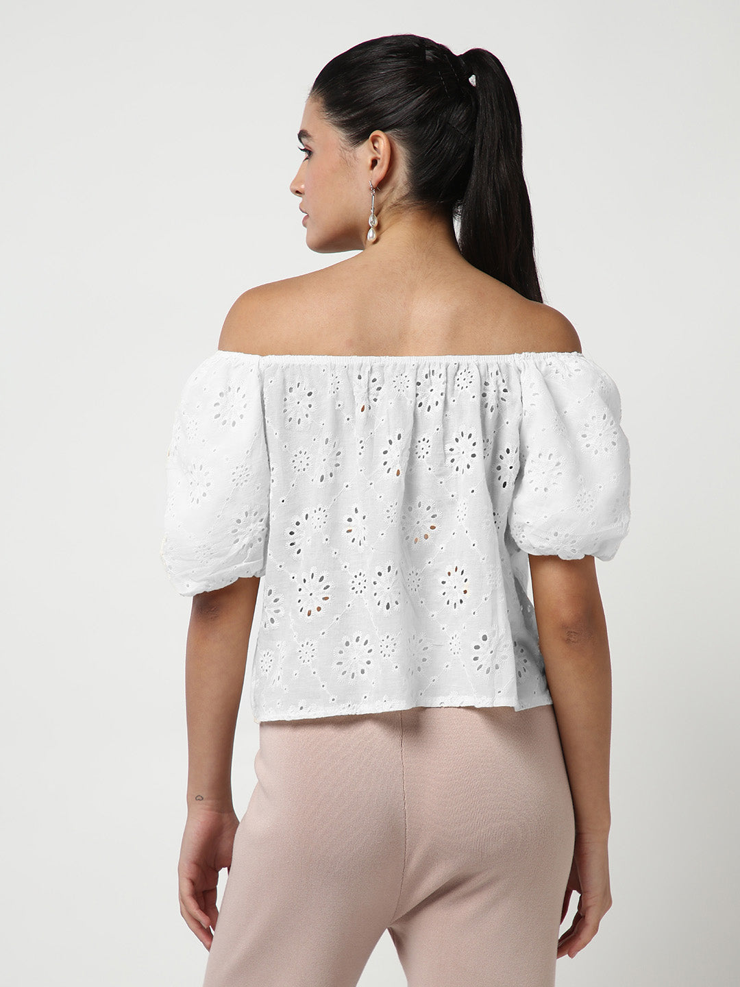 Women's White Off-Shoulder Puff Sleeve Schiffli Bardot Crop Top