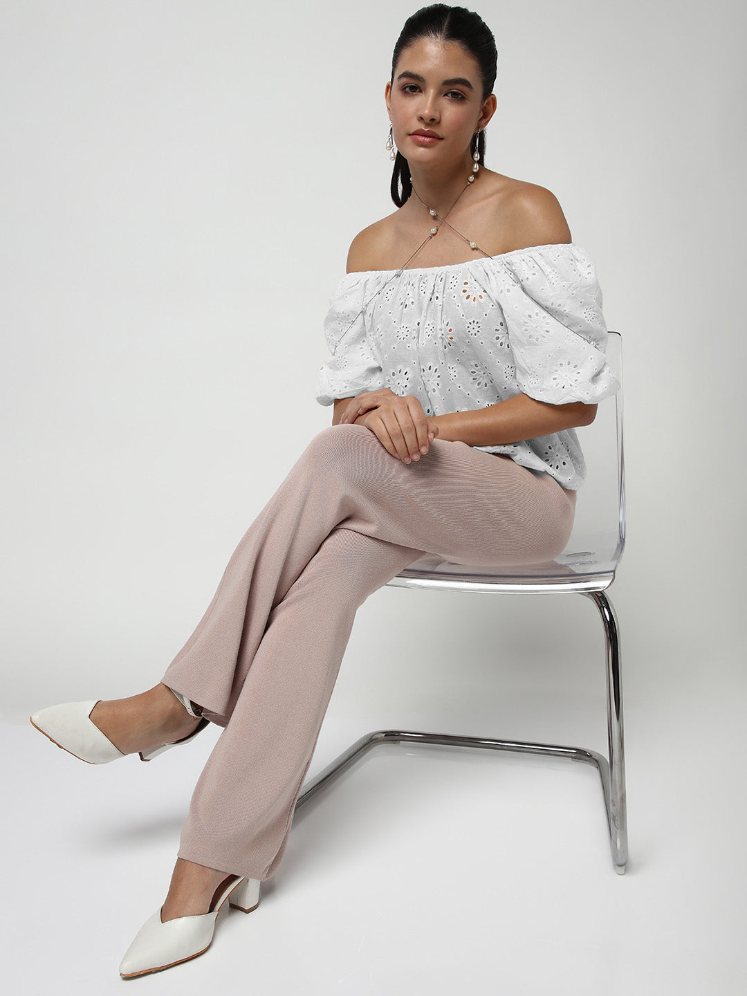 Women's White Off-Shoulder Puff Sleeve Schiffli Bardot Crop Top