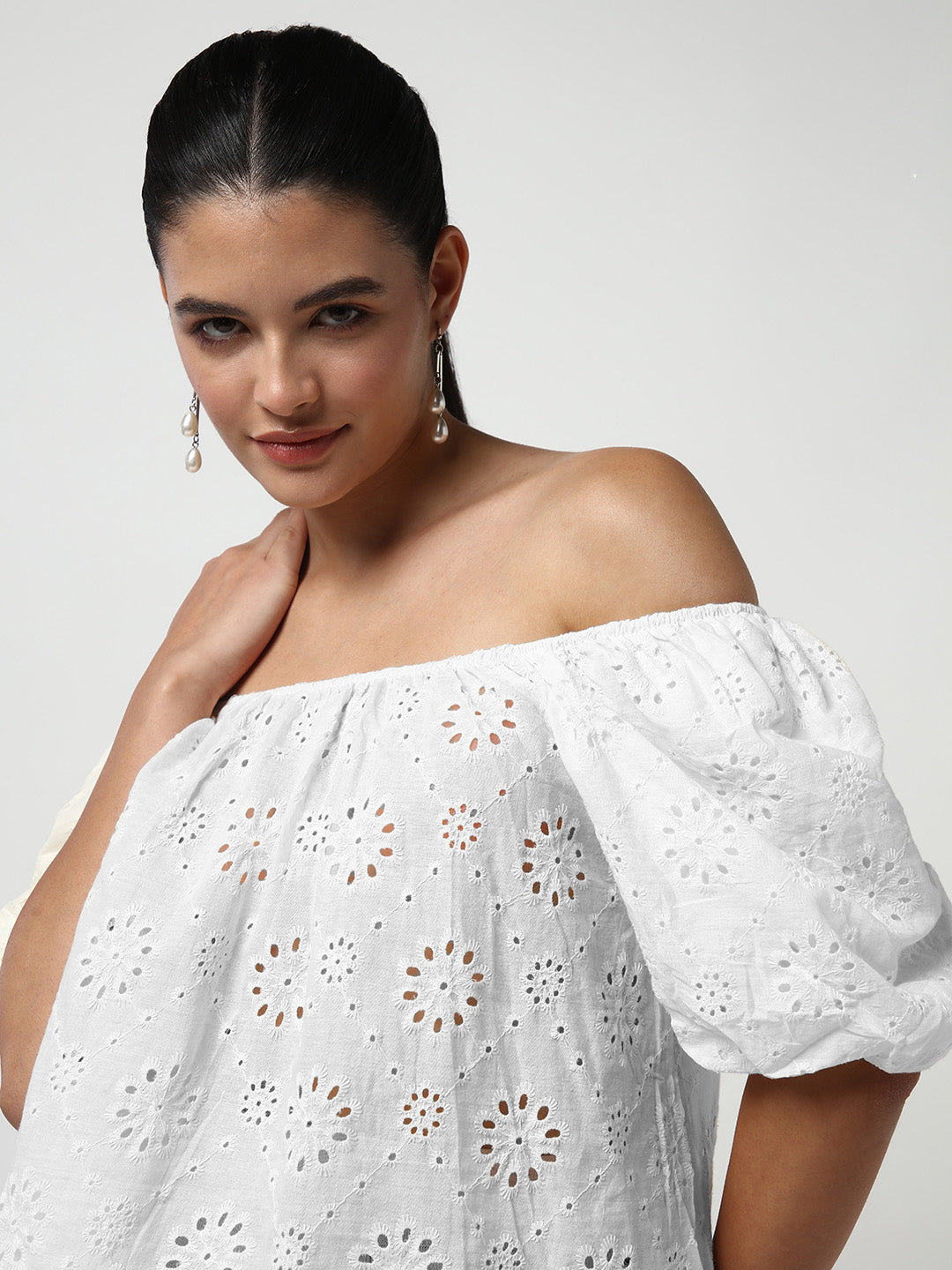 Women's White Off-Shoulder Puff Sleeve Schiffli Bardot Crop Top