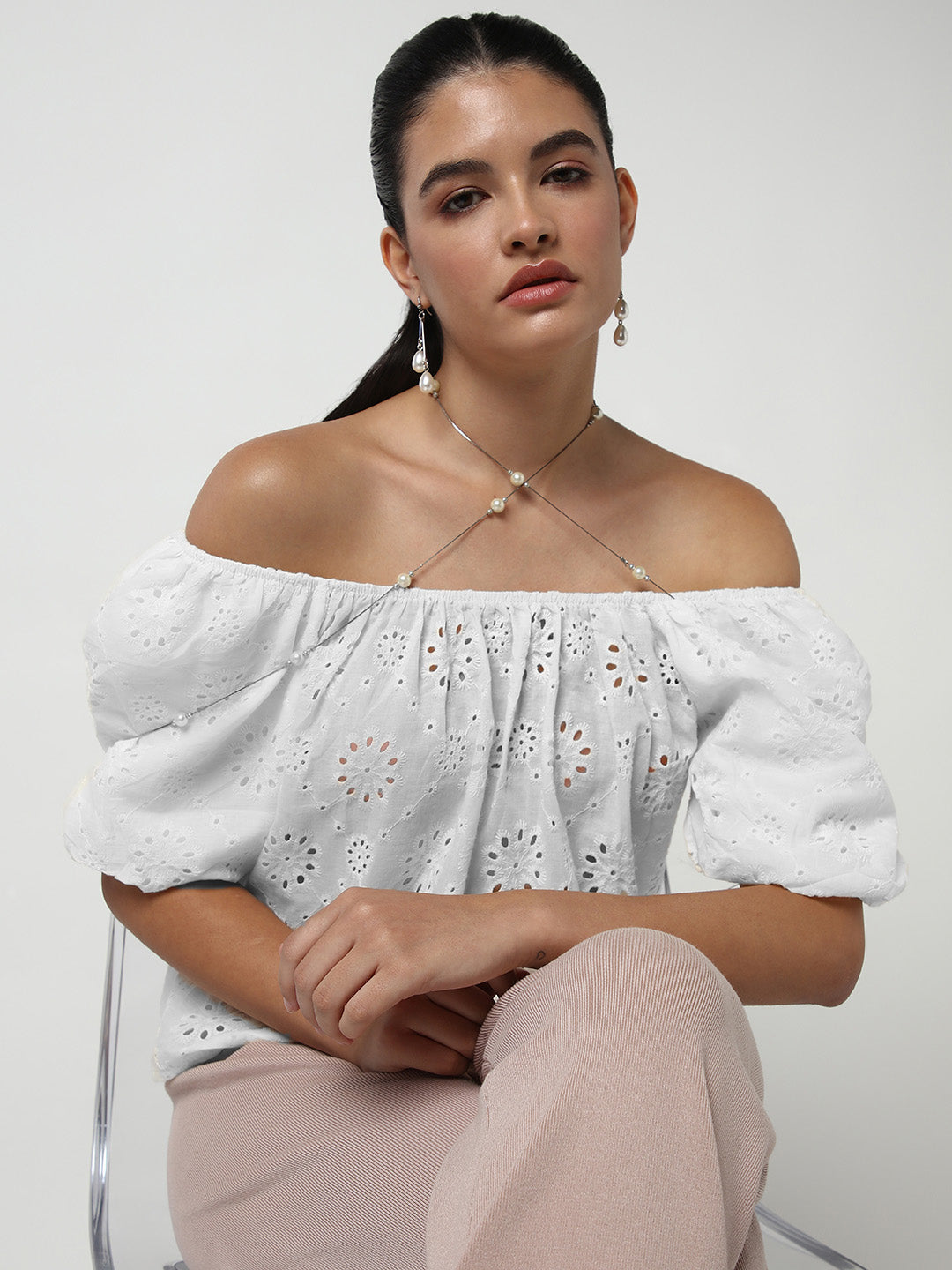 Women's White Off-Shoulder Puff Sleeve Schiffli Bardot Crop Top