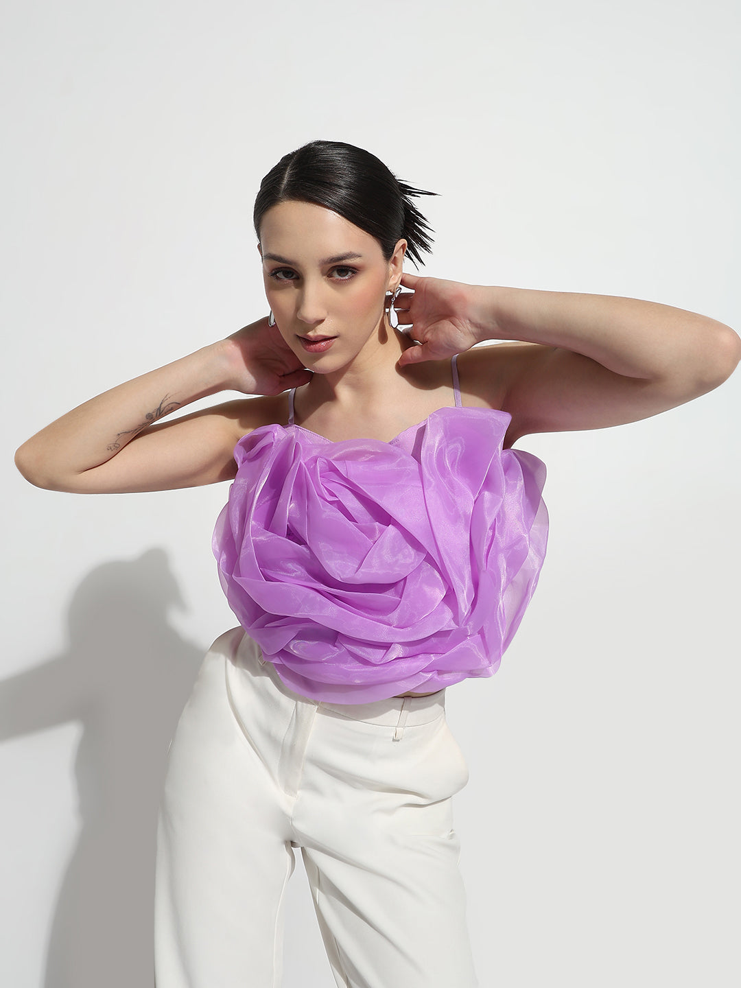 Women's Lavender Organza Rose Crop Top