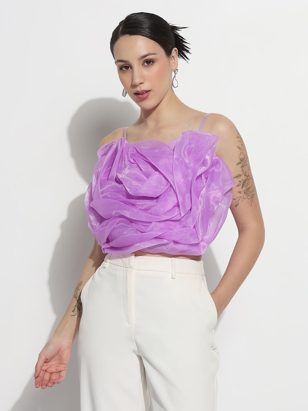 Women's Lavender Organza Rose Crop Top