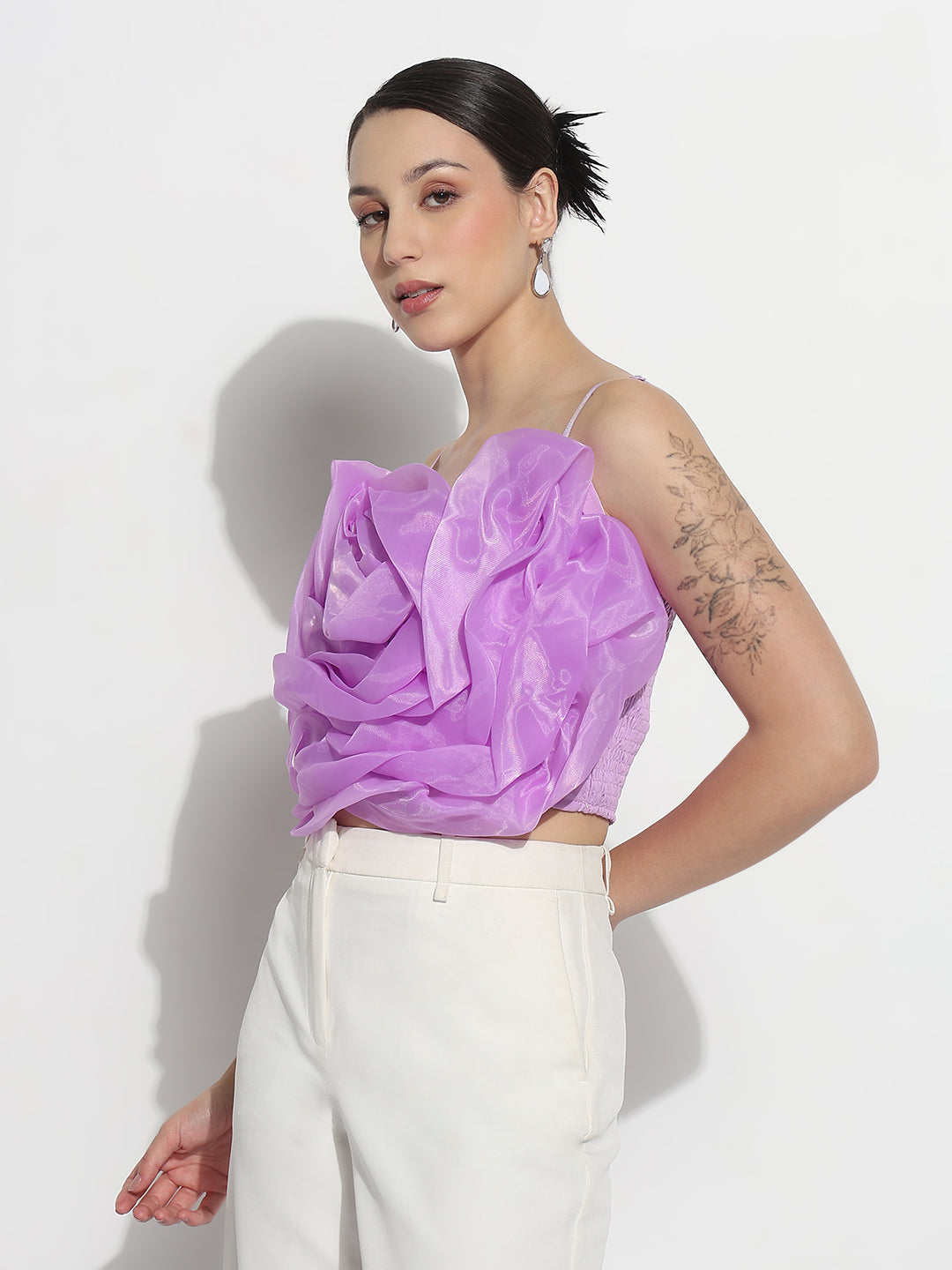 Women's Lavender Organza Rose Crop Top
