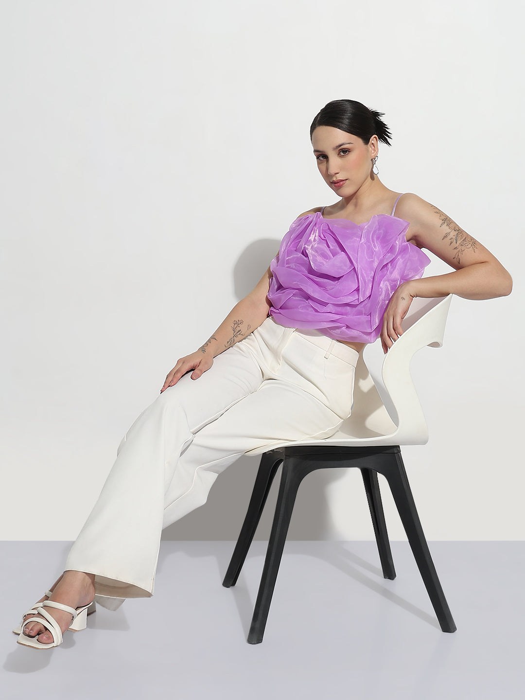 Women's Lavender Organza Rose Crop Top