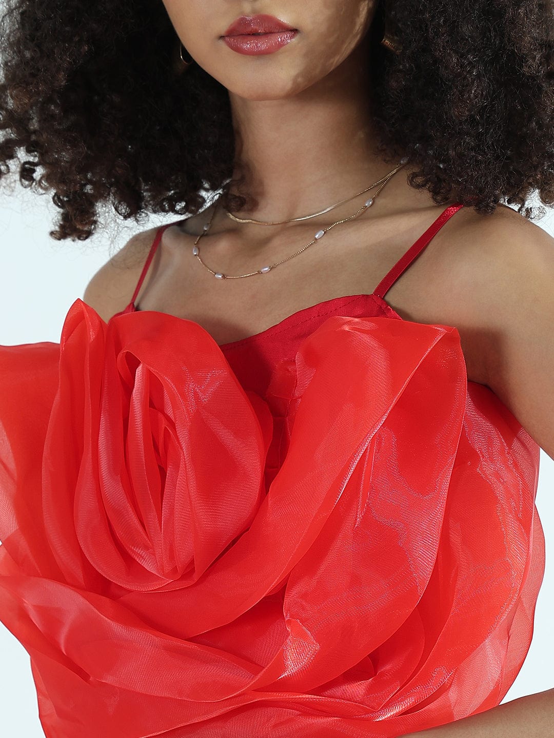 Women's Red Organza Rose Crop Top