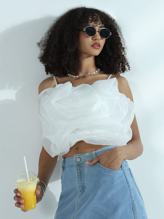 Women's White Organza Rose Crop Top
