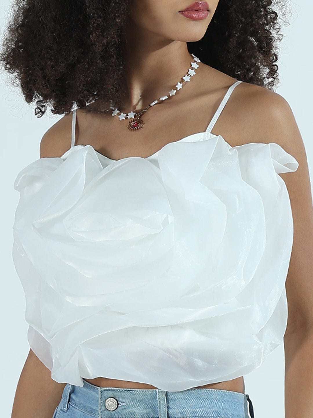 Women's White Organza Rose Crop Top
