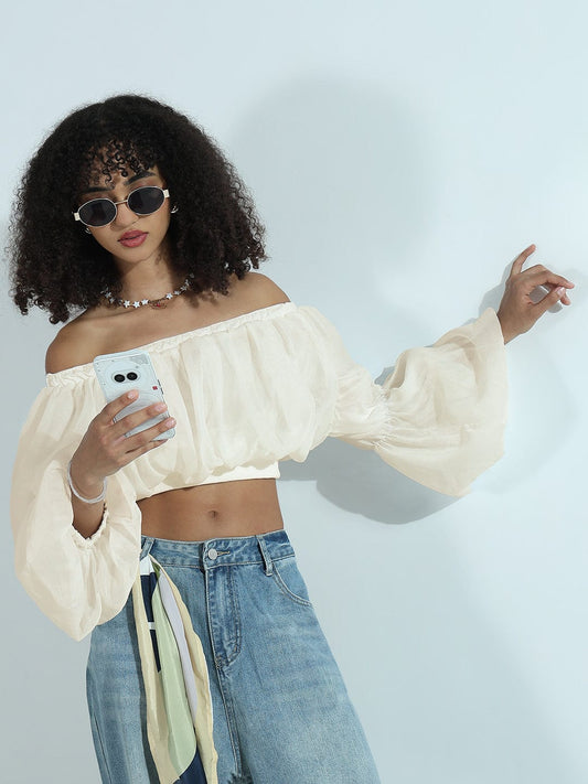 Women's Cream Off-Shoulder Balloon Crop Top