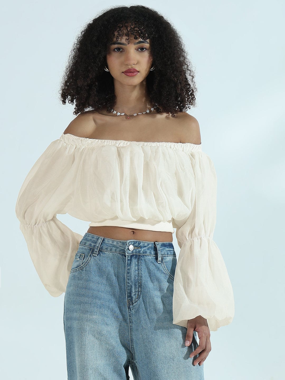 Women's Cream Off-Shoulder Balloon Crop Top