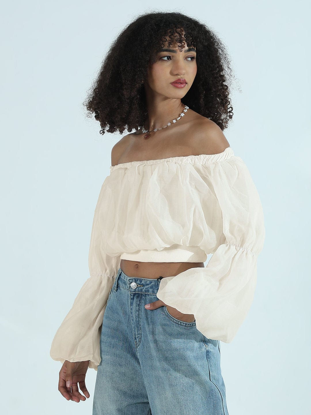 Women's Cream Off-Shoulder Balloon Crop Top