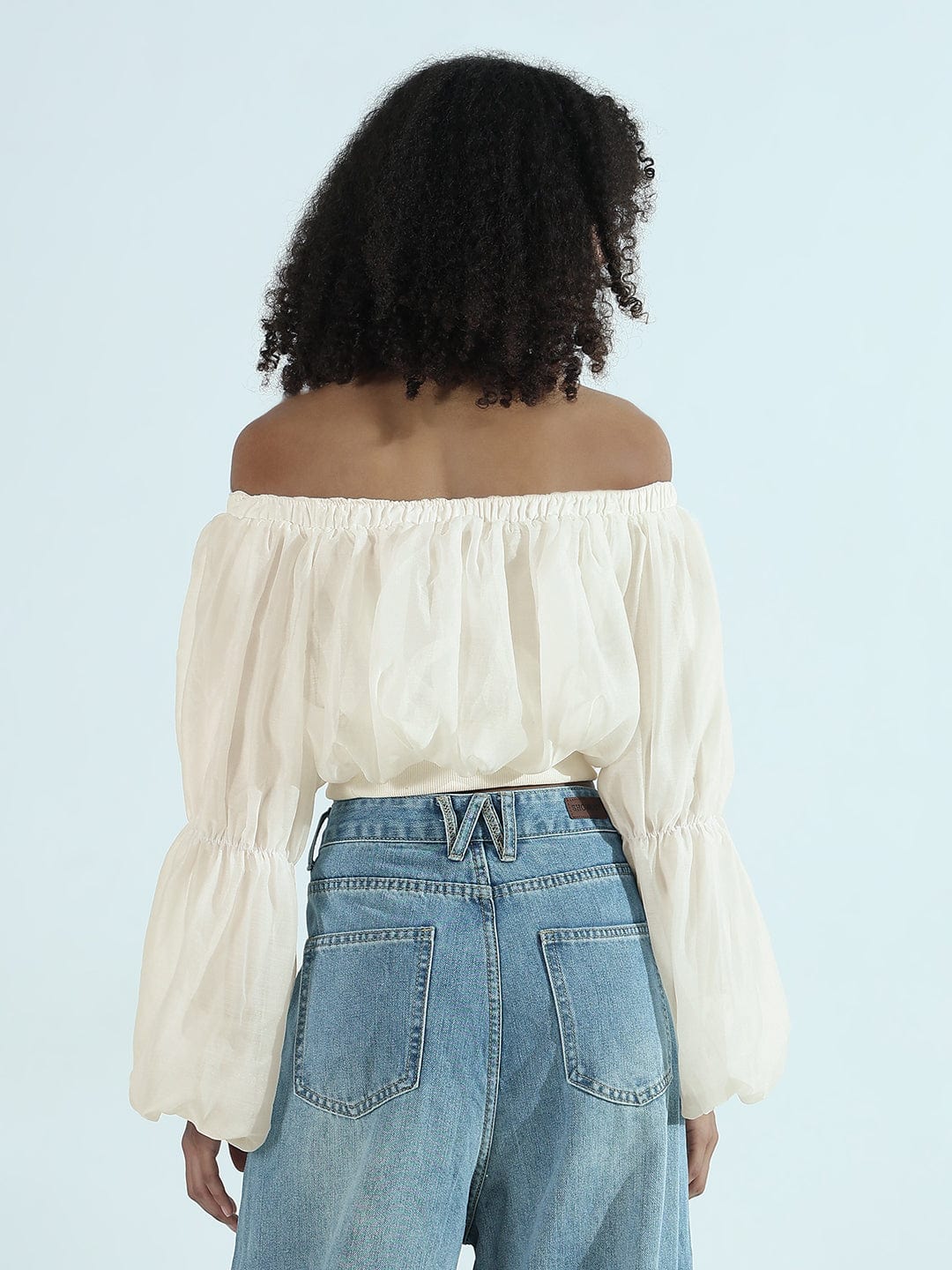 Women's Cream Off-Shoulder Balloon Crop Top