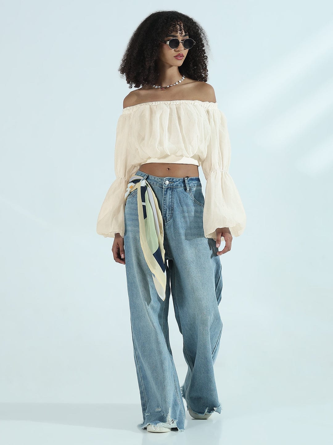 Women's Cream Off-Shoulder Balloon Crop Top