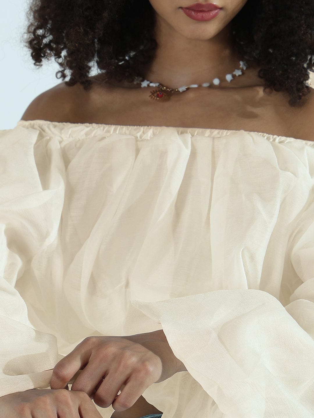 Women's Cream Off-Shoulder Balloon Crop Top
