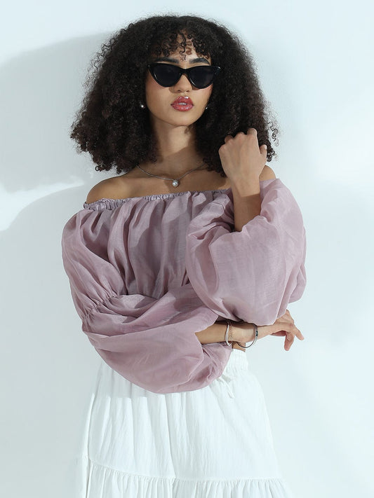 Women's Mauve Off-Shoulder Balloon Crop Top