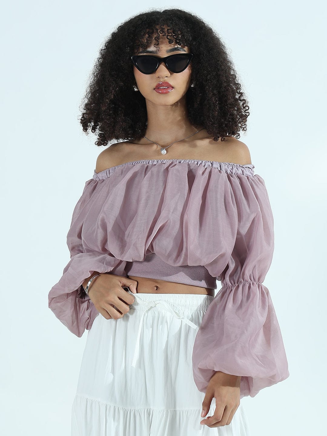 Women's Mauve Off-Shoulder Balloon Crop Top