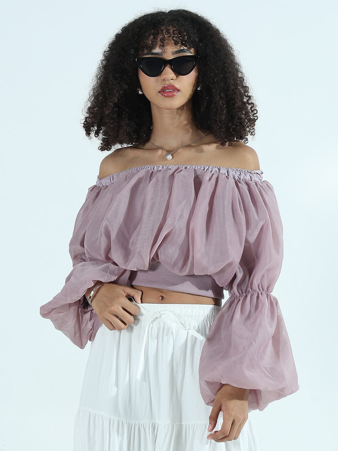 Women's Mauve Off-Shoulder Balloon Crop Top