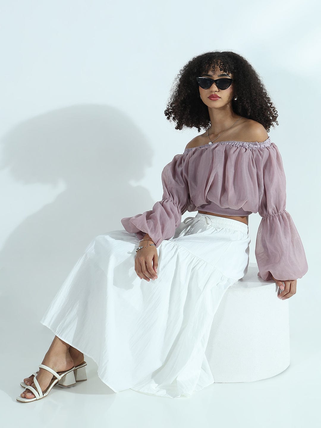 Women's Mauve Off-Shoulder Balloon Crop Top