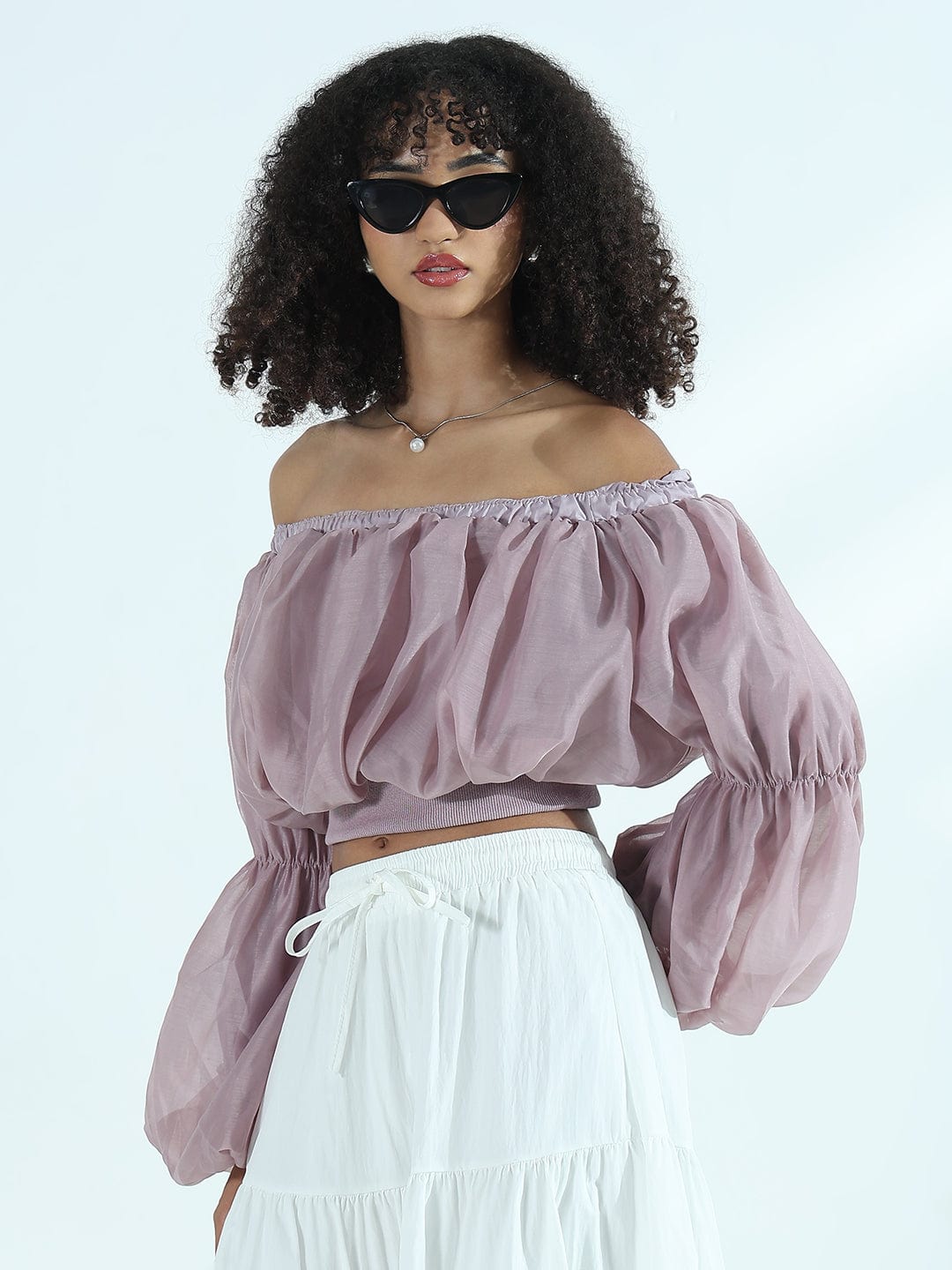 Women's Mauve Off-Shoulder Balloon Crop Top