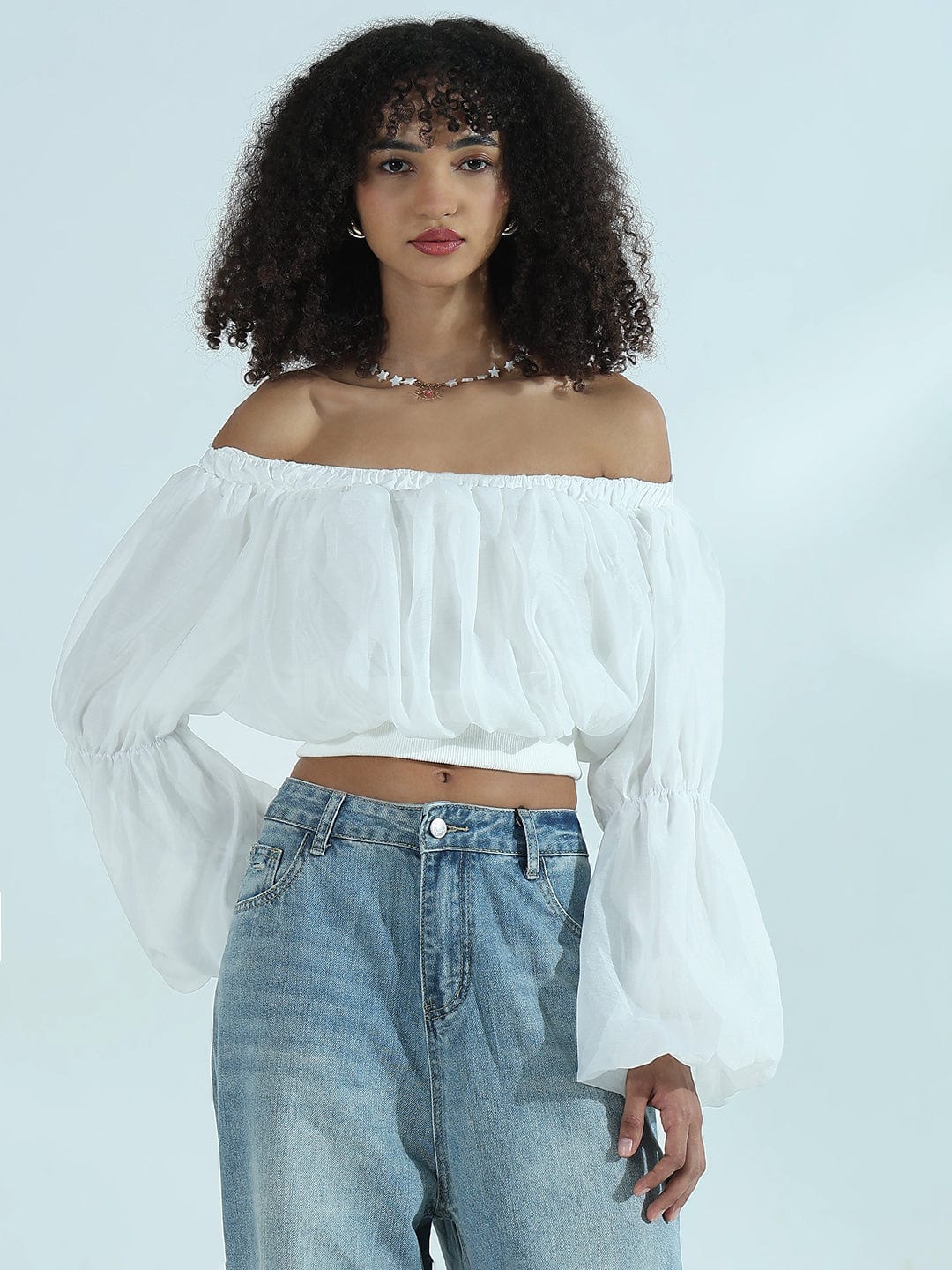 Women's White Off-Shoulder Balloon Crop Top