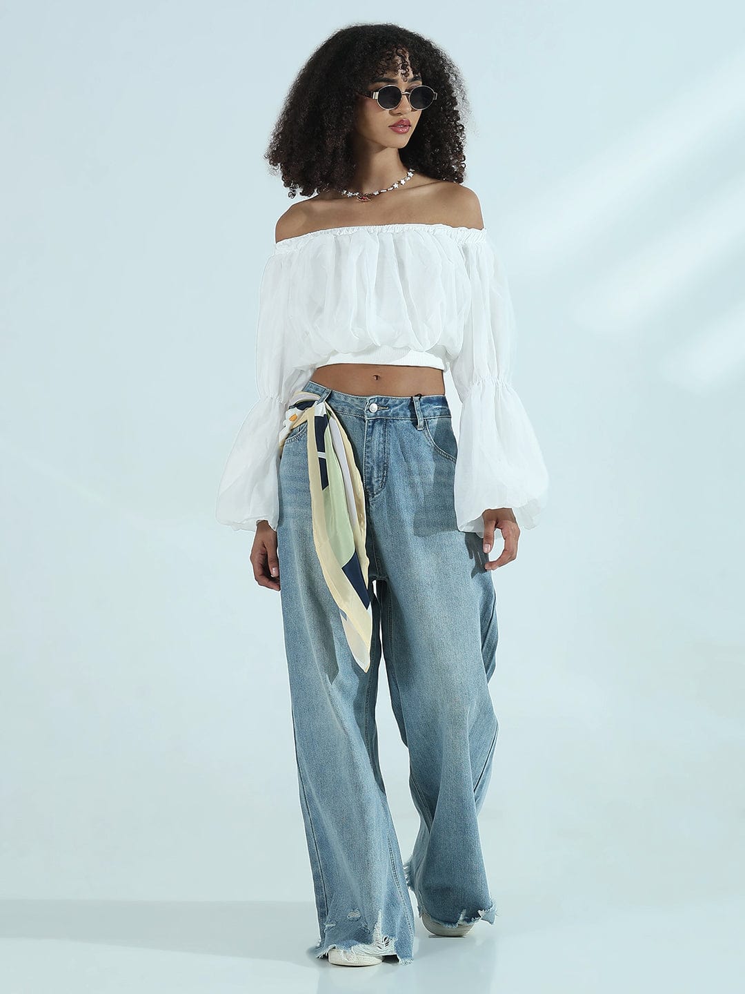 Women's White Off-Shoulder Balloon Crop Top