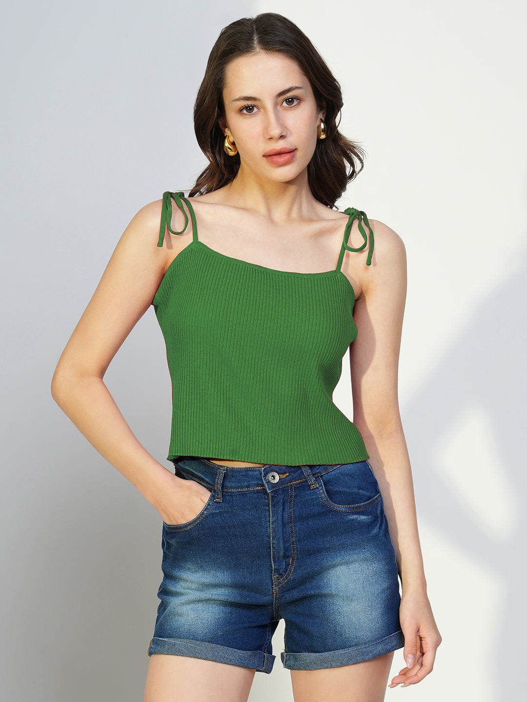 Women's Solid Green Shoulder Straps Crop Top