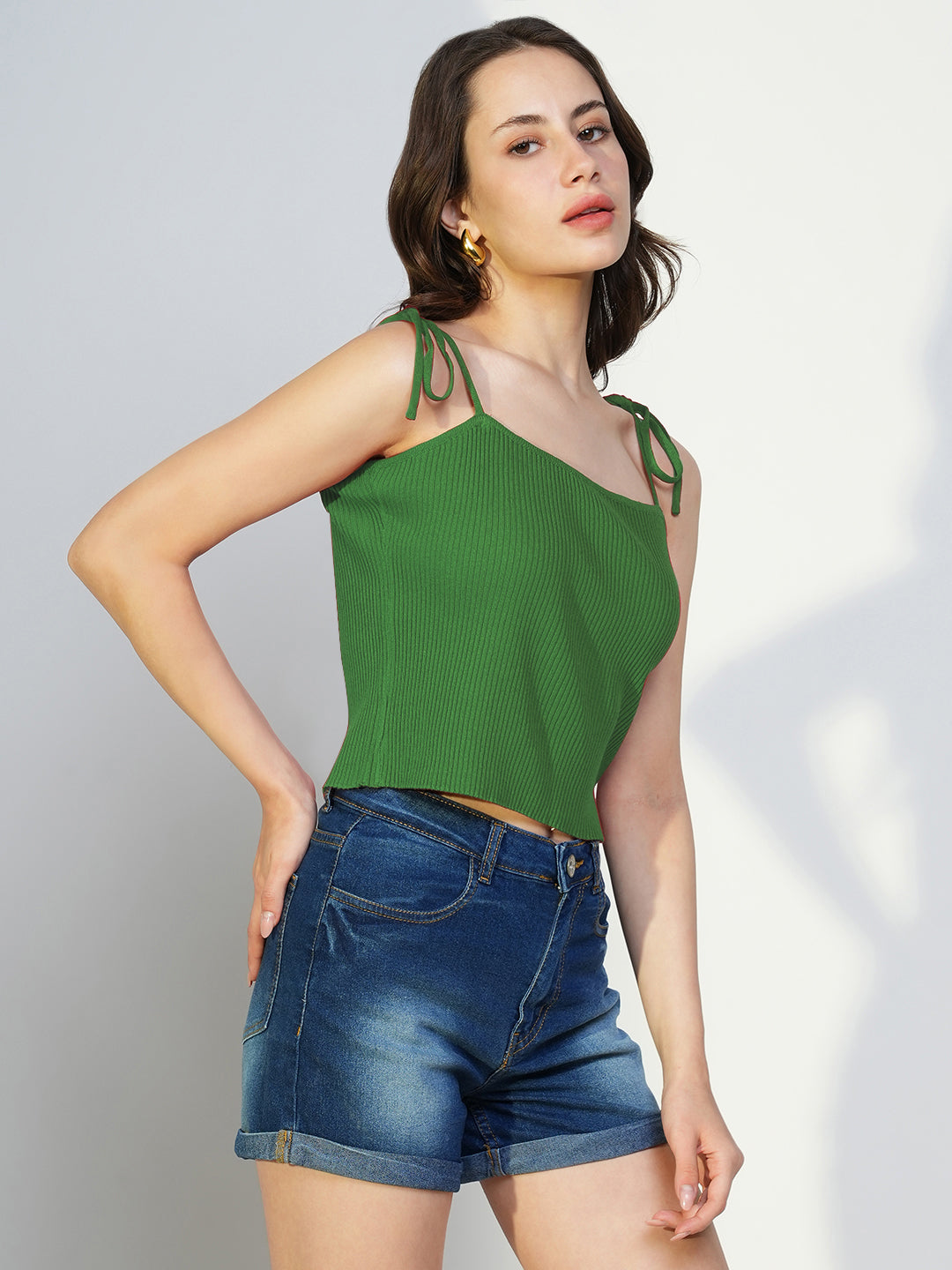 Women's Solid Green Shoulder Straps Crop Top
