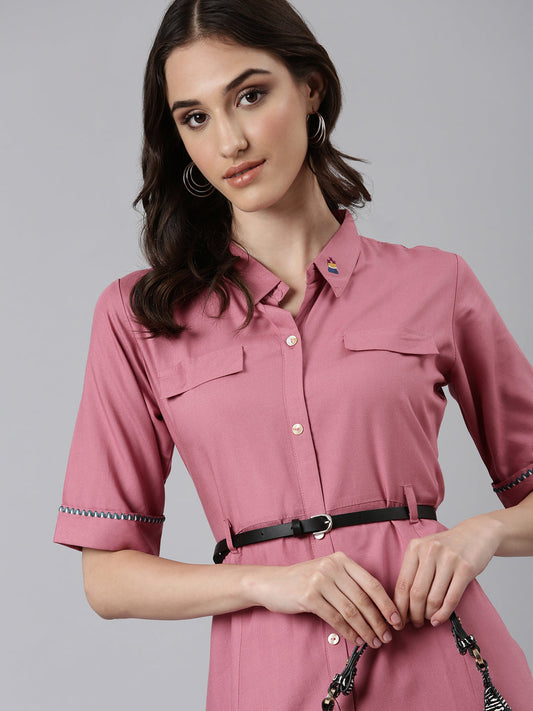 Women's Pink Shirt Collar Short Sleeves Belted Shirt Dress