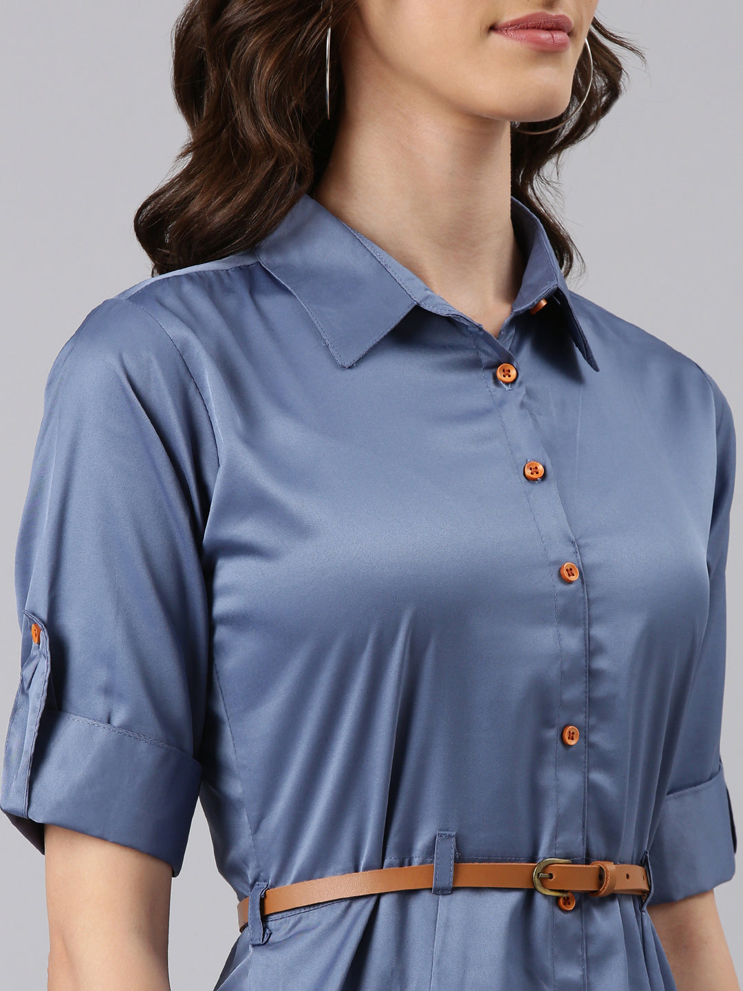 Women's Blue Roll-Up Sleeves Shirt Collar Satin Belted Shirt Midi Dress