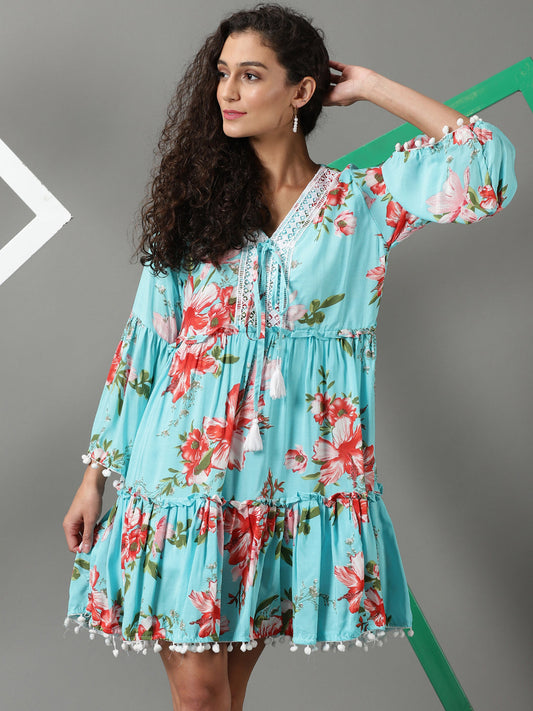 Women's Blue V-Neck Floral Printed Tiered Crepe A-Line Dress