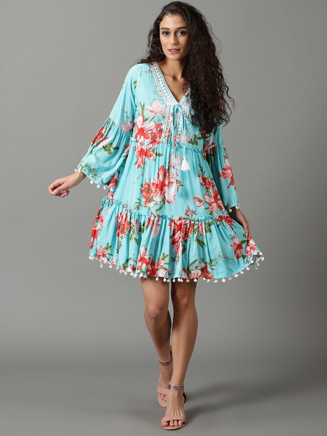 Women's Blue V-Neck Floral Printed Tiered Crepe A-Line Dress