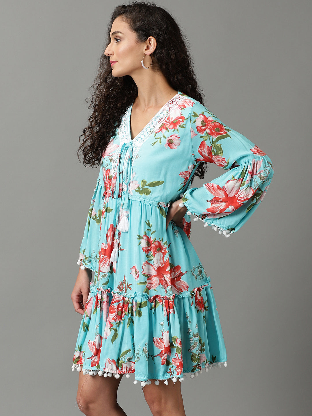 Women's Blue V-Neck Floral Printed Tiered Crepe A-Line Dress