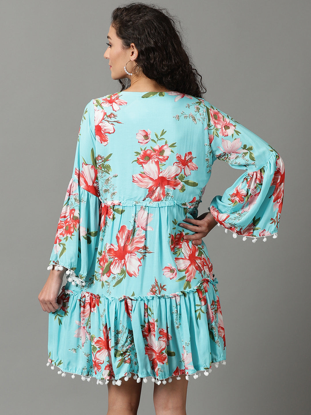 Women's Blue V-Neck Floral Printed Tiered Crepe A-Line Dress
