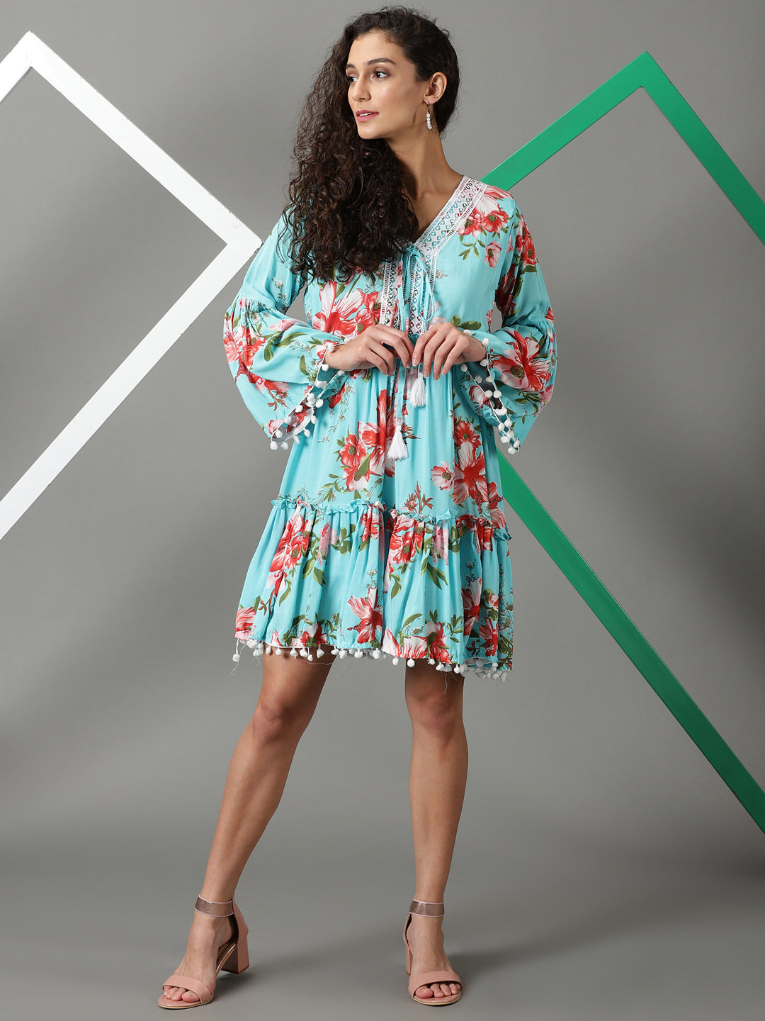 Women's Blue V-Neck Floral Printed Tiered Crepe A-Line Dress