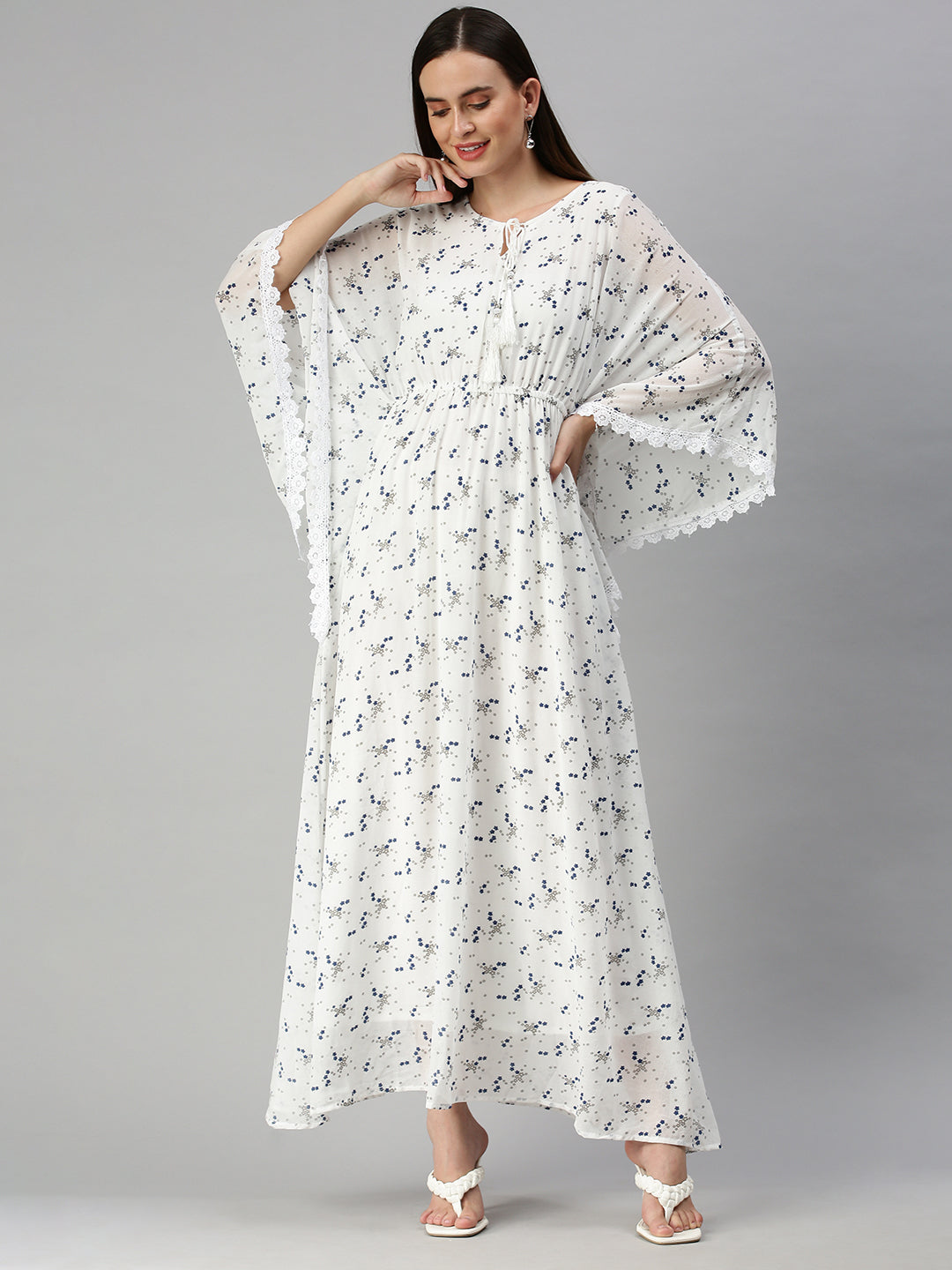 Women's Printed Kaftan White Dress