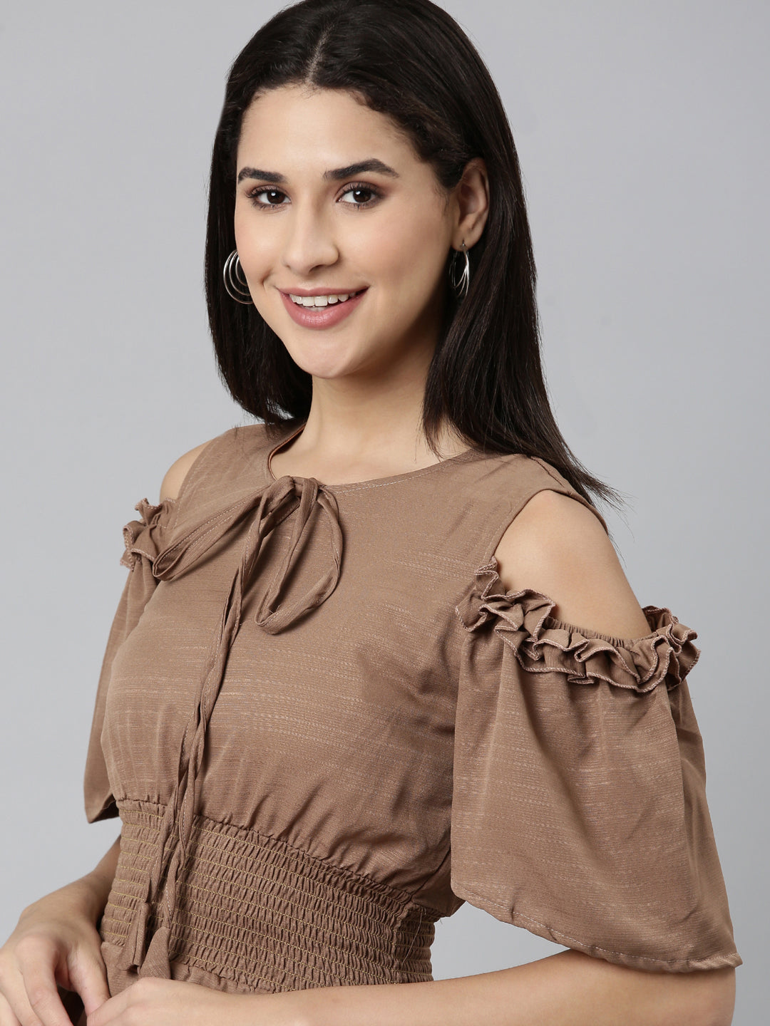 Women's Taupe Cold-Shoulder Sleeve Fit &Flare Dress