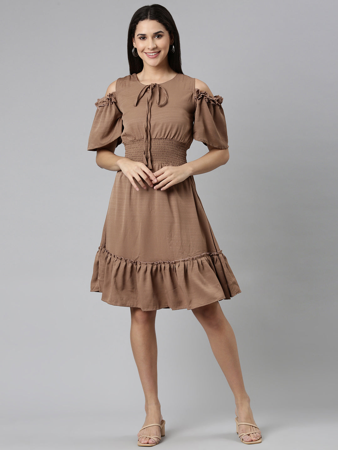 Women's Taupe Cold-Shoulder Sleeve Fit &Flare Dress