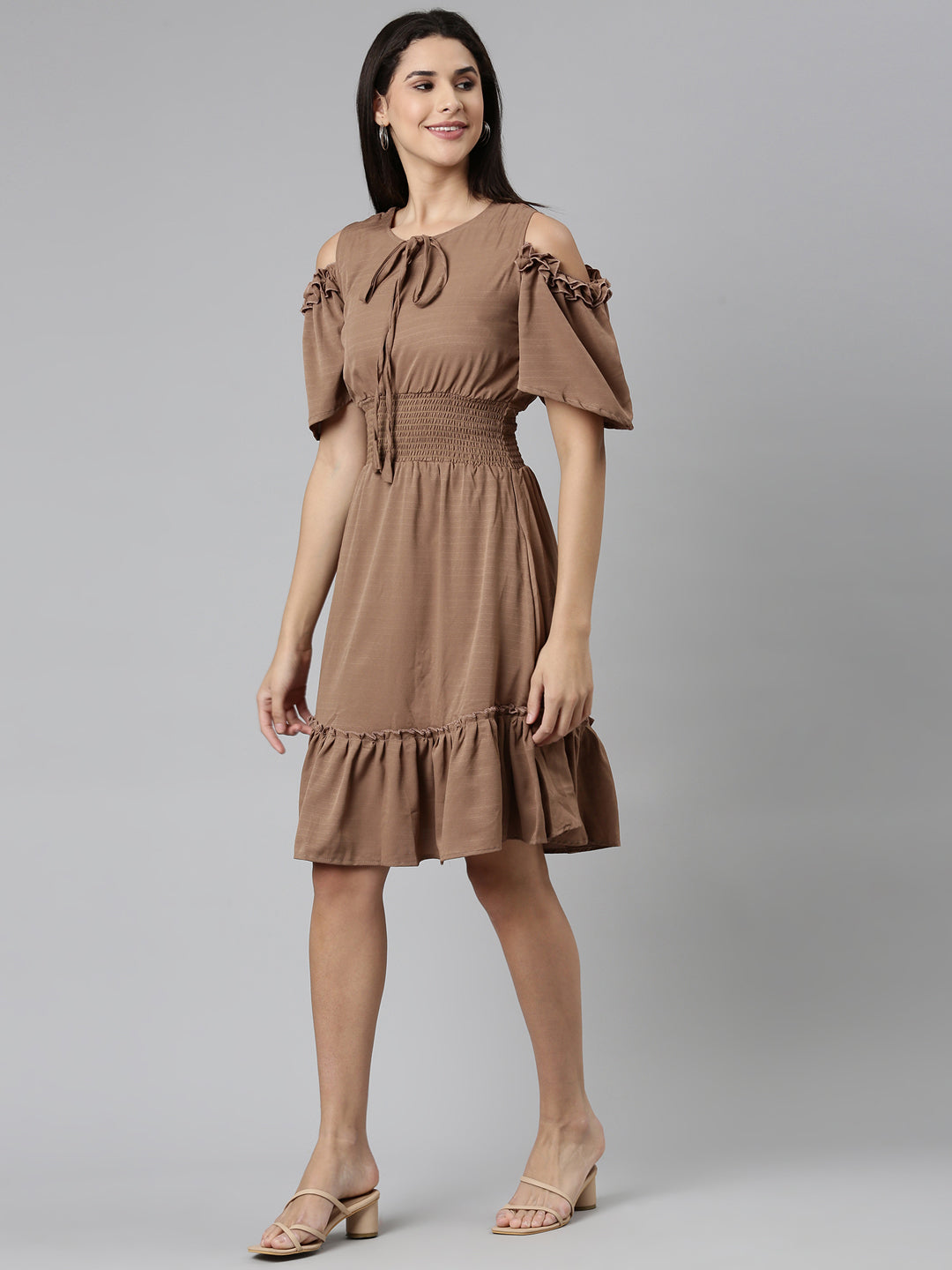 Women's Taupe Cold-Shoulder Sleeve Fit &Flare Dress