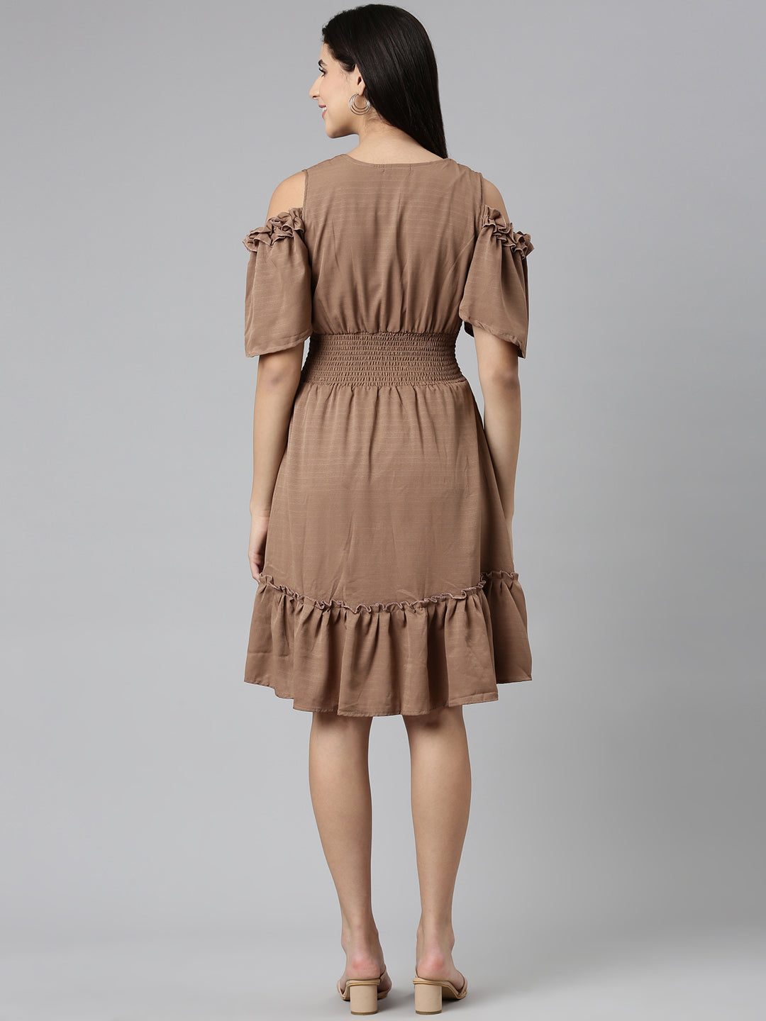 Women's Taupe Cold-Shoulder Sleeve Fit &Flare Dress