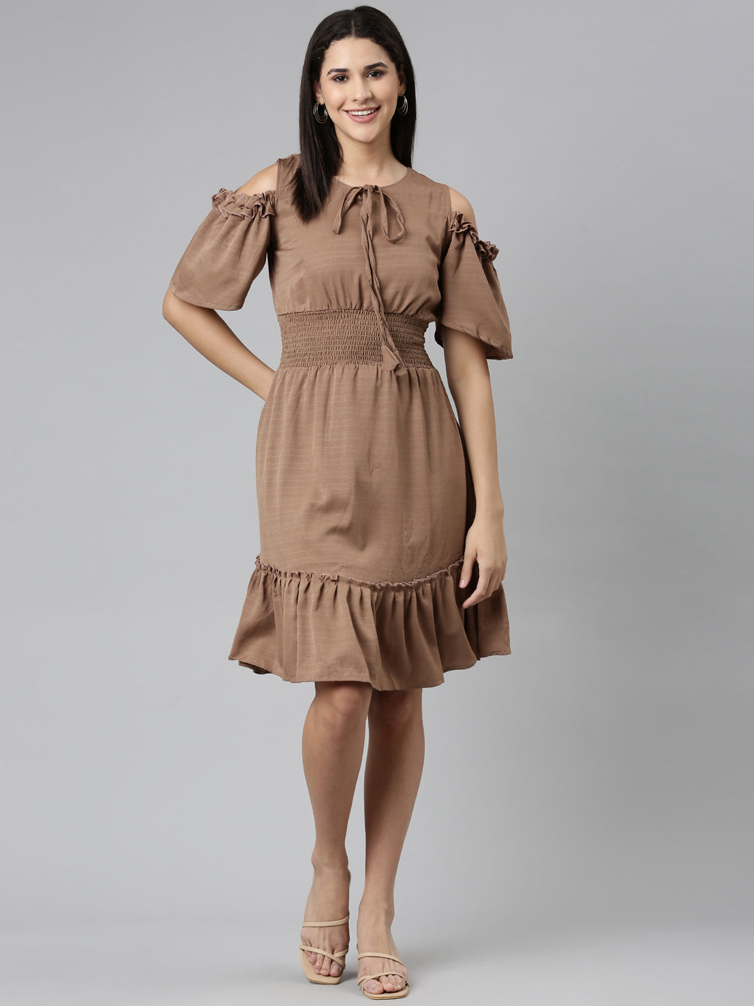Women's Taupe Cold-Shoulder Sleeve Fit &Flare Dress