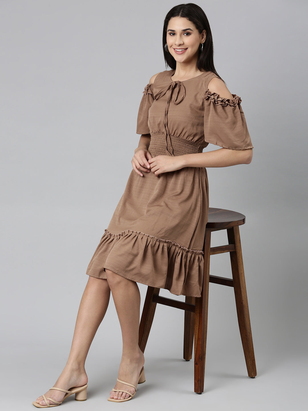 Women's Taupe Cold-Shoulder Sleeve Fit &Flare Dress