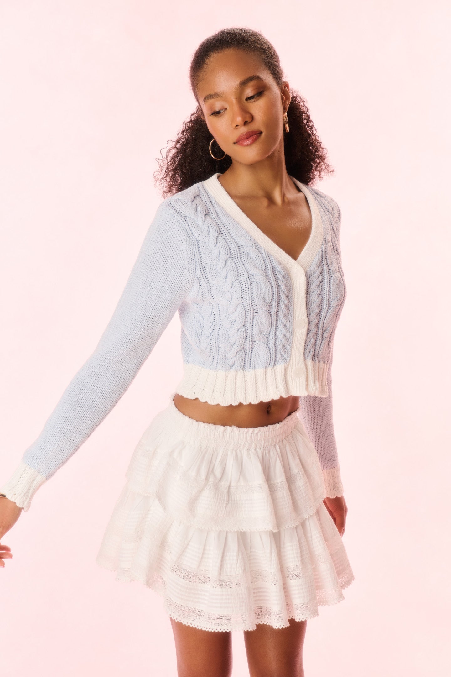Hyacinth Cropped Cable Knit Cardigan - SUGAR SKY