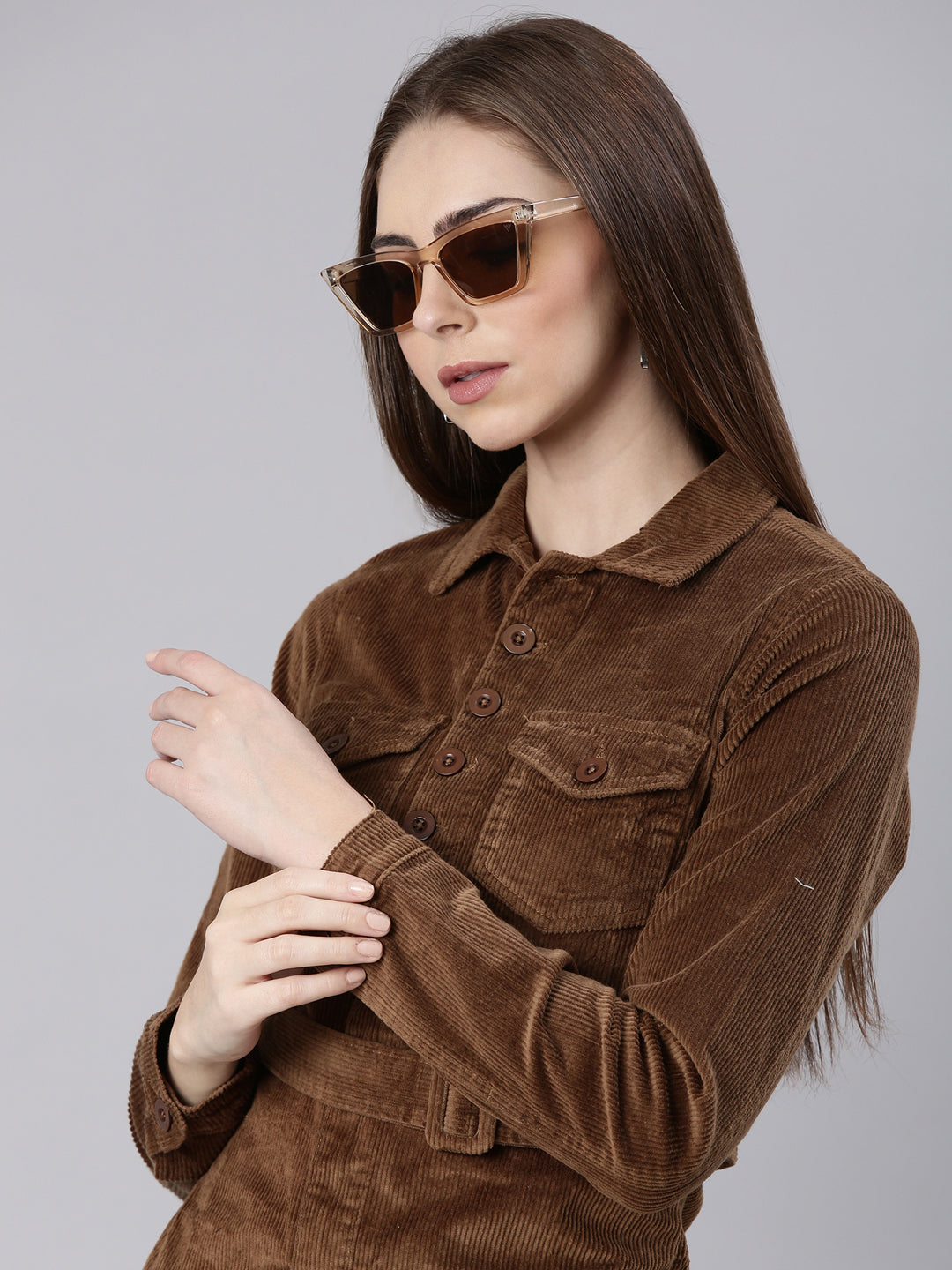 Women's Khaki Shirt Collar Belted Cotton Mini Shirt Dress