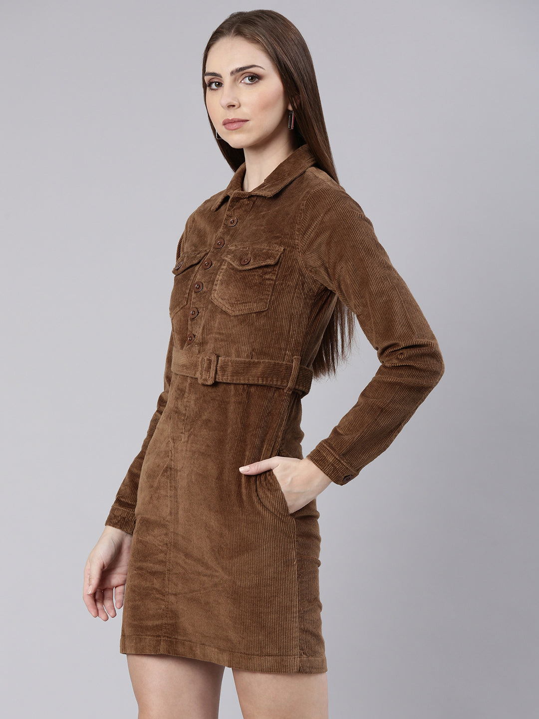 Women's Khaki Shirt Collar Belted Cotton Mini Shirt Dress