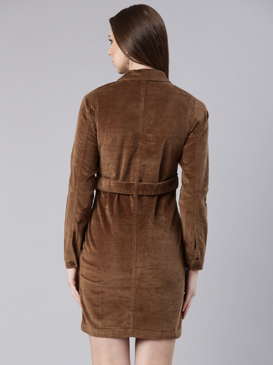 Women's Khaki Shirt Collar Belted Cotton Mini Shirt Dress