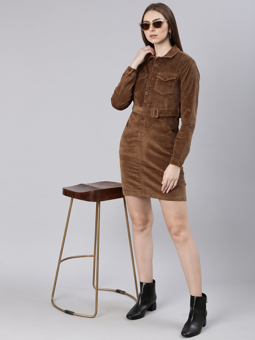 Women's Khaki Shirt Collar Belted Cotton Mini Shirt Dress
