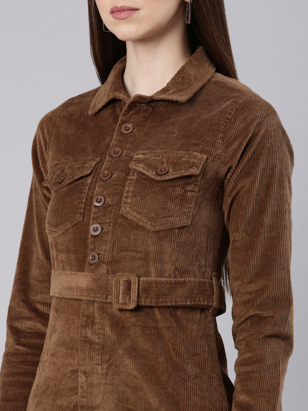 Women's Khaki Shirt Collar Belted Cotton Mini Shirt Dress