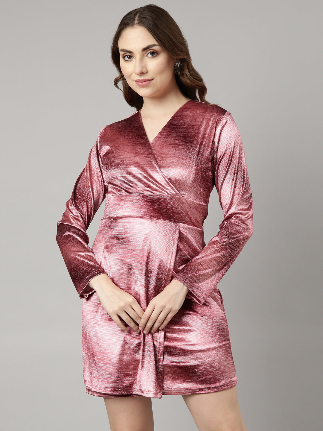 Women's Peach Wrap Above Knee A-Line Party Wear Dress