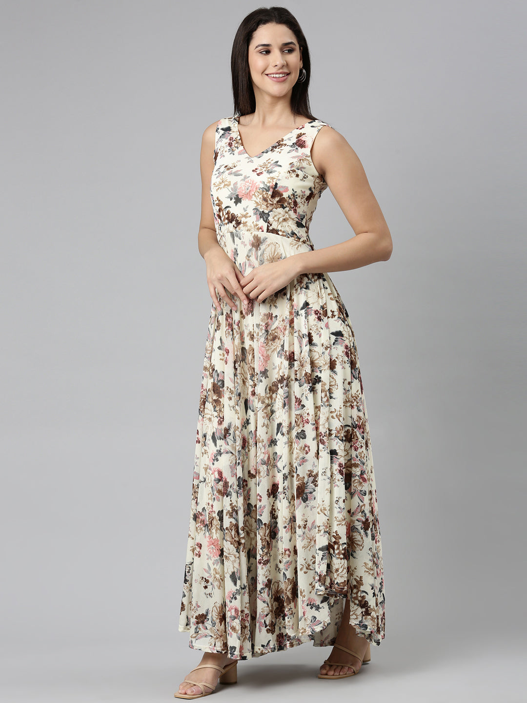 Women's Cream Floral Printed V-Neck Smocked Detailed Fit and Flare Dress