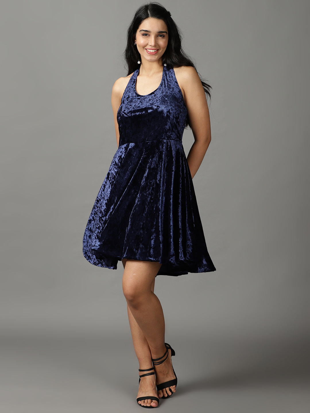 Women's Navy Blue Sheen Detailed Velvet Fit & Flare Dress