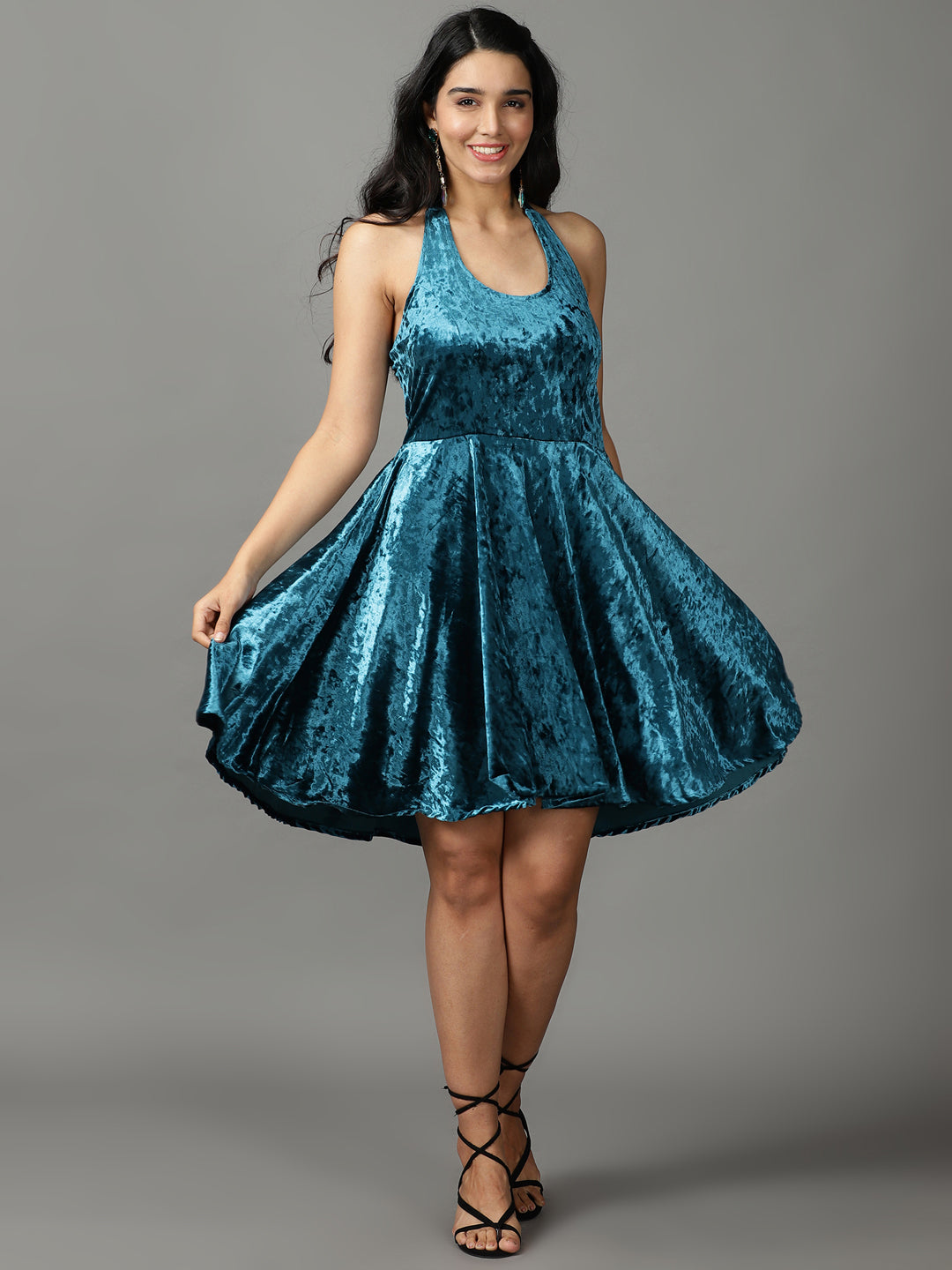 Women's Turquoise Blue Sheen Detailed Velvet Fit & Flare Dress